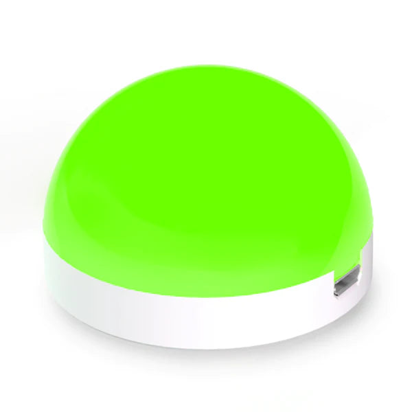 Luxafor Orb Busylight, blanco sobre mesa con luz verde, sin cable